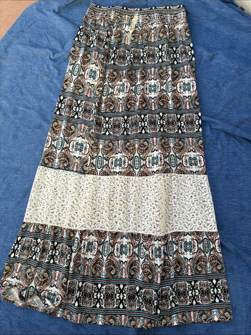 Vanity Boho Teal and Cream Paisley Maxi Skirt with Lace Panel size L